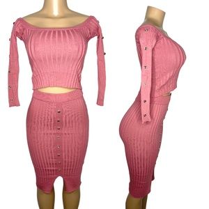 Size S Pink Women Set Midi Pencil Skirt and off shoulder 3/4 Sleeve Crop top